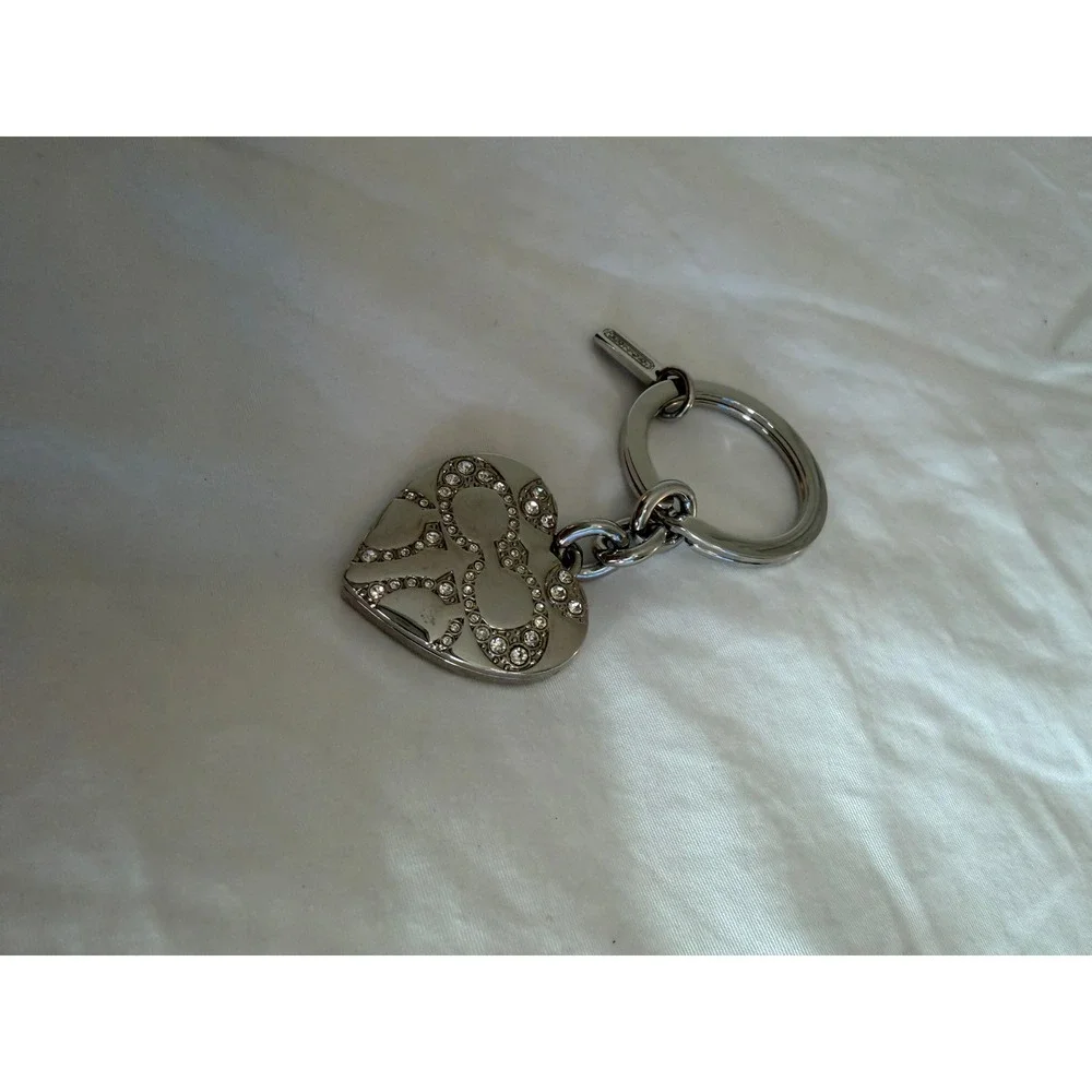 Coach Silver Heart Locket Keychain Crystal C Logo Bag Charm